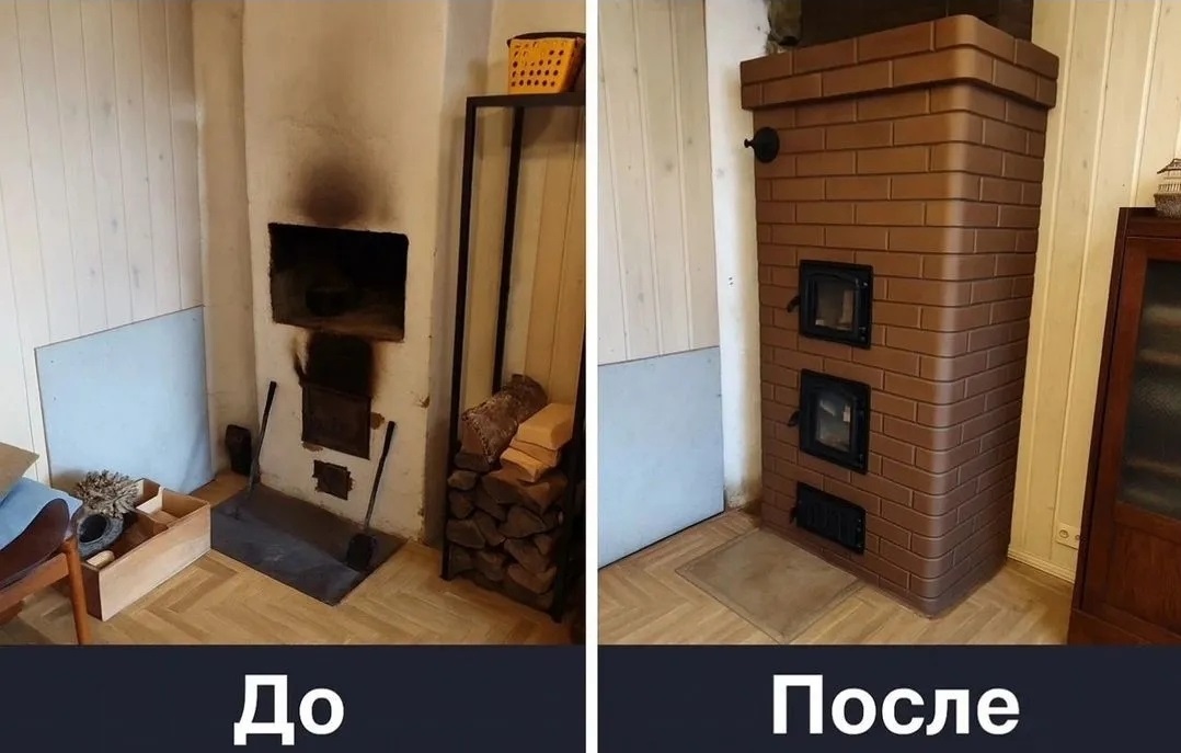 До и после: облицовка старой топки кирпичом, установка новых дверец